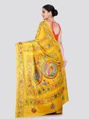 PinkLoom Women's Yellow Embroidered Kantha Work Silk Saree