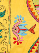 PinkLoom Women's Yellow Embroidered Kantha Work Silk Saree