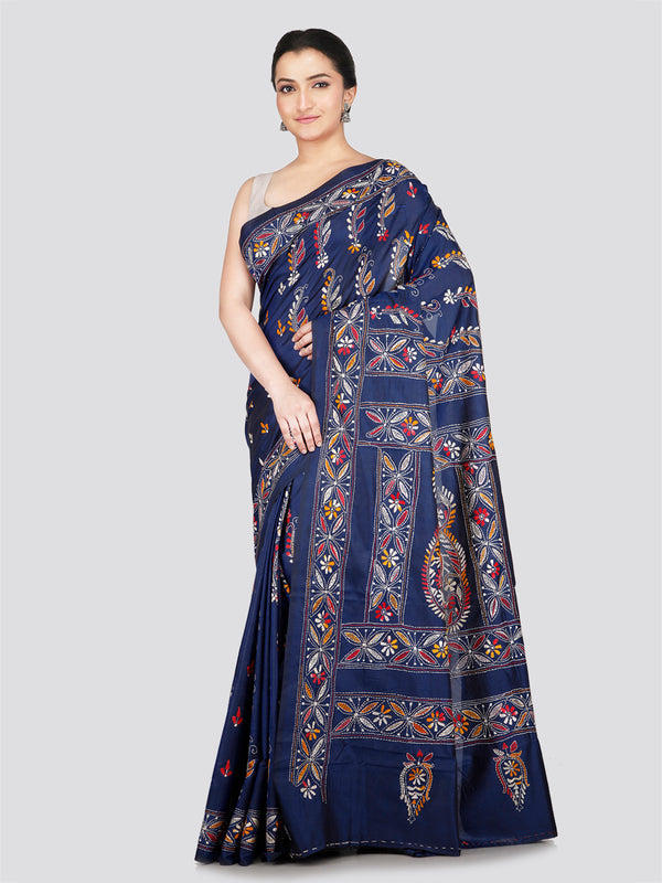 PinkLoom Women's Blue Embroidered Kantha Work Silk Saree