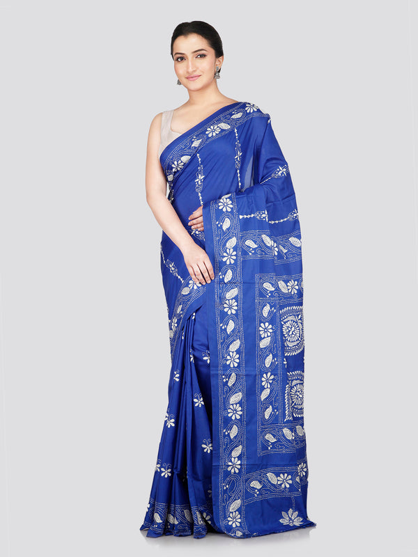 PinkLoom Women's Blue Embroidered Kantha Work Silk Saree