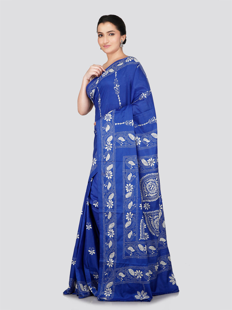 PinkLoom Women's Blue Embroidered Kantha Work Silk Saree