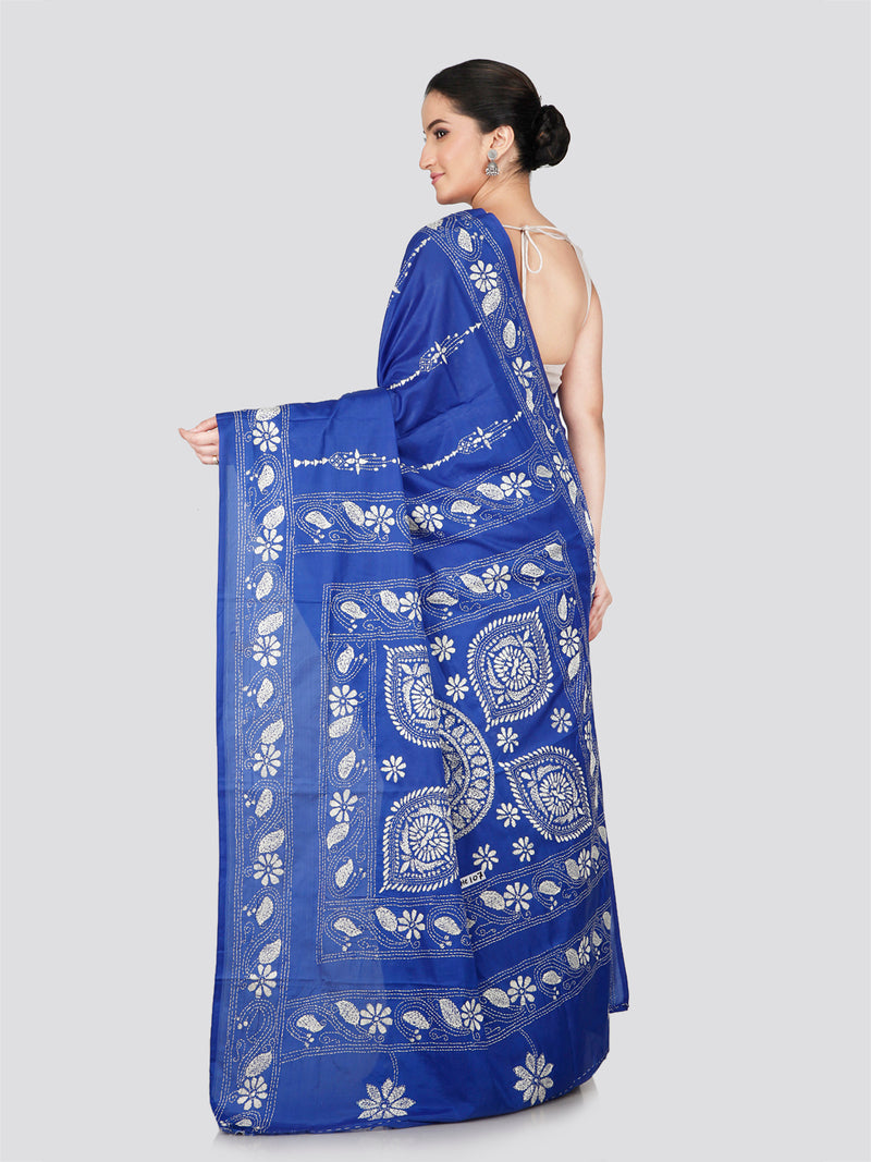 PinkLoom Women's Blue Embroidered Kantha Work Silk Saree