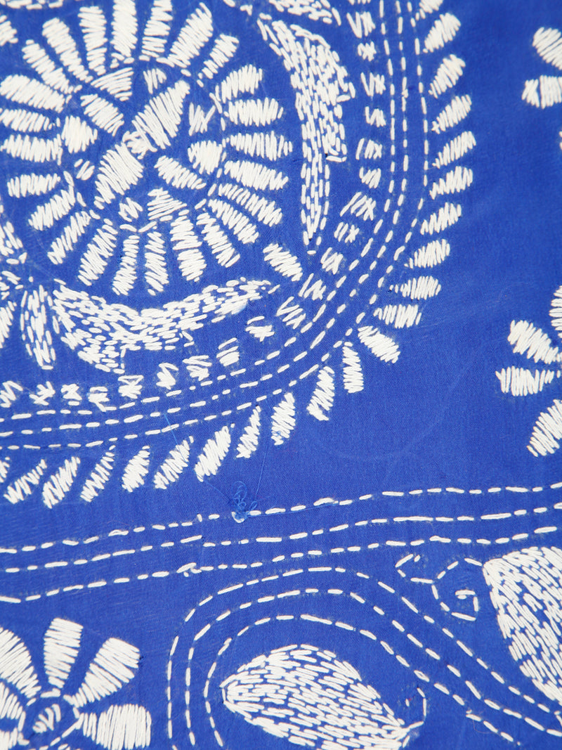 PinkLoom Women's Blue Embroidered Kantha Work Silk Saree