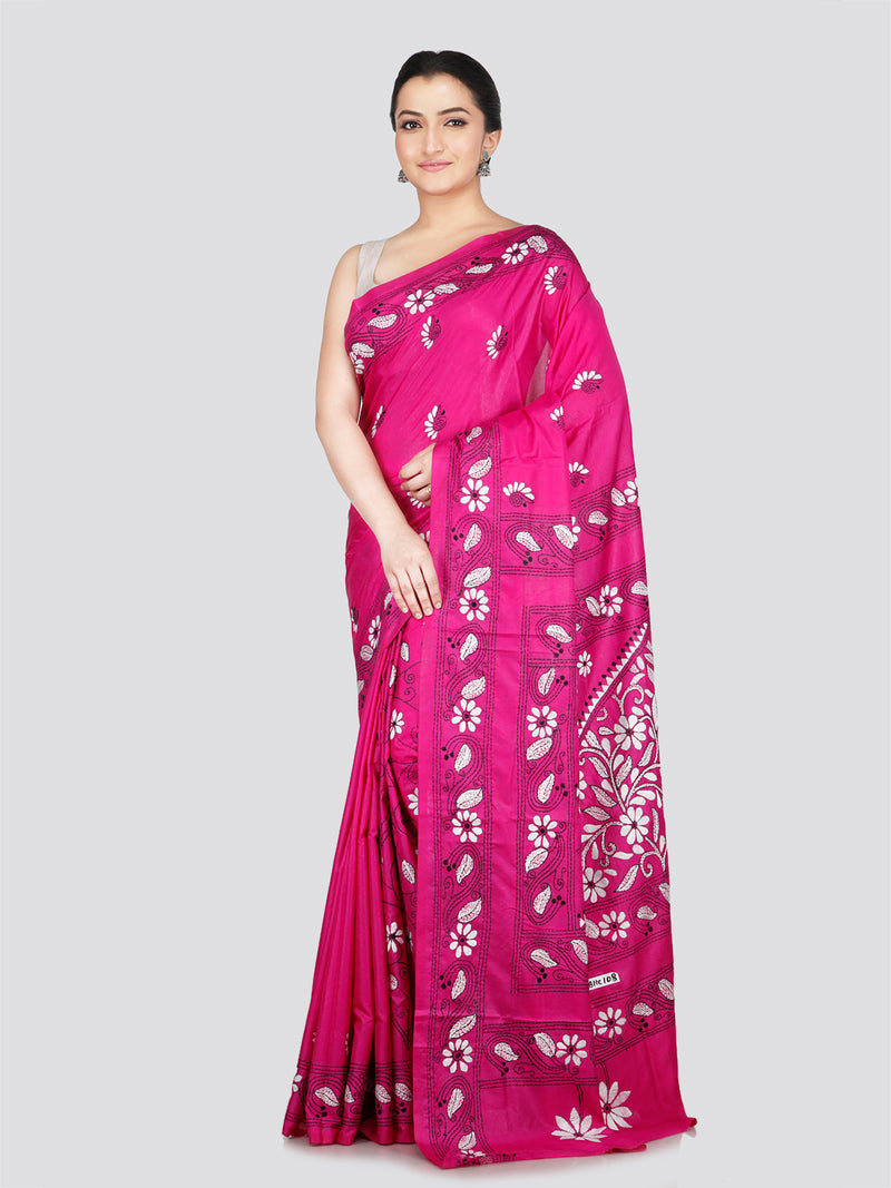 PinkLoom Women's Pink Embroidered Kantha Work Silk Saree