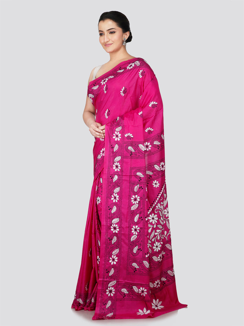 PinkLoom Women's Pink Embroidered Kantha Work Silk Saree