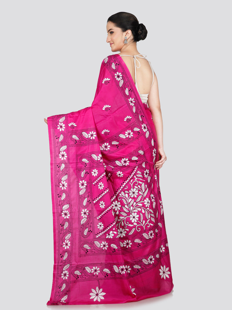 PinkLoom Women's Pink Embroidered Kantha Work Silk Saree