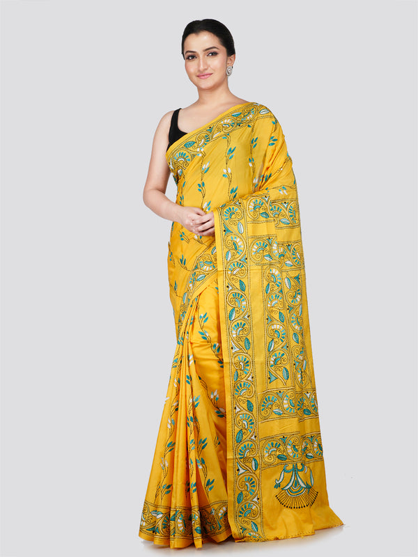 PinkLoom Women's Yellow Embroidered Kantha Work Silk Saree