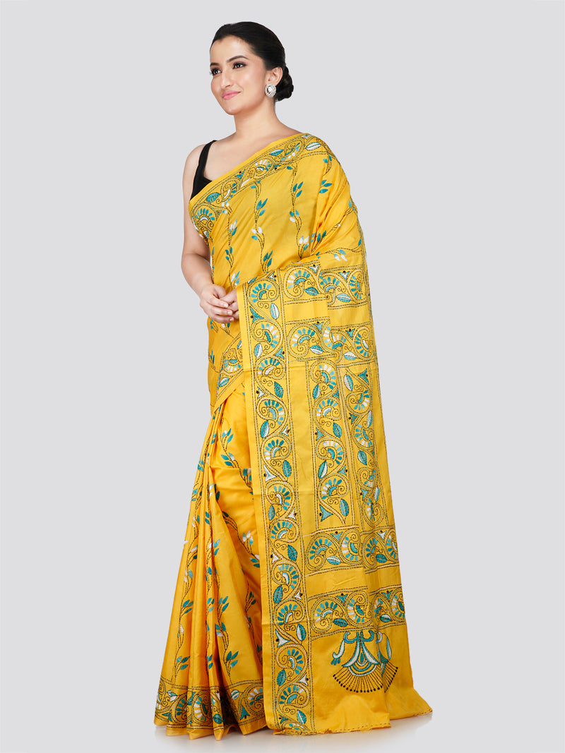 PinkLoom Women's Yellow Embroidered Kantha Work Silk Saree