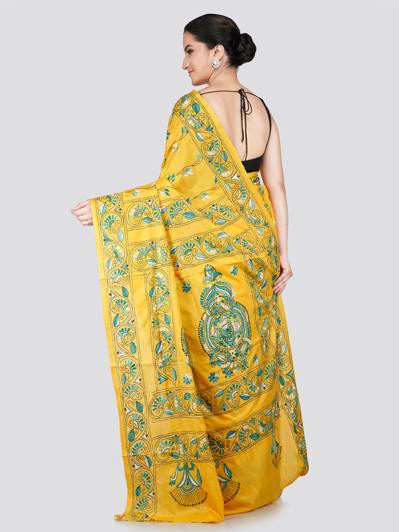 PinkLoom Women's Yellow Embroidered Kantha Work Silk Saree