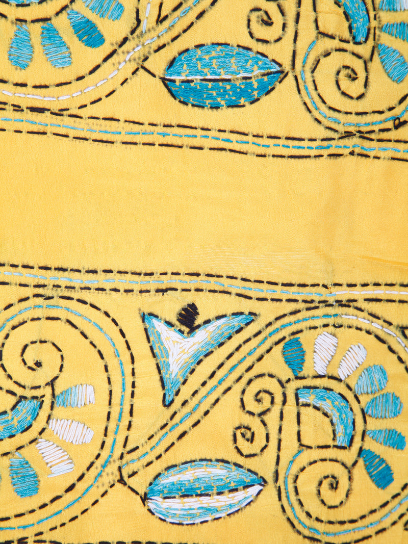 PinkLoom Women's Yellow Embroidered Kantha Work Silk Saree