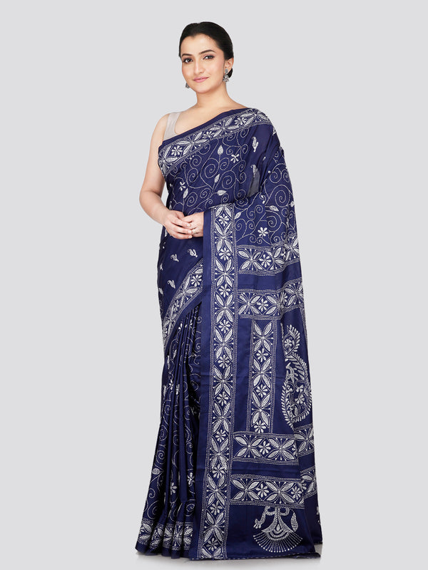 PinkLoom Women's Blue Embroidered Kantha Work Silk Saree