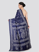 PinkLoom Women's Blue Embroidered Kantha Work Silk Saree