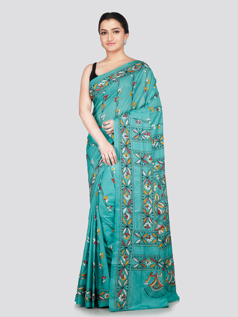 PinkLoom Women's Sea Green Embroidered Kantha Work Silk Saree