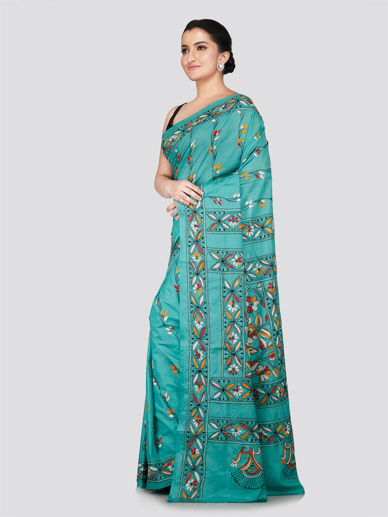 PinkLoom Women's Sea Green Embroidered Kantha Work Silk Saree