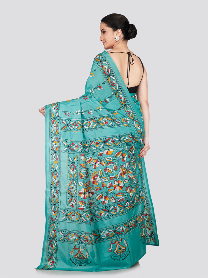 PinkLoom Women's Sea Green Embroidered Kantha Work Silk Saree