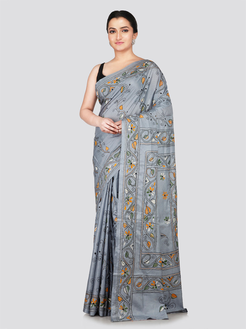 PinkLoom Women's Grey Embroidered Kantha Work Silk Saree