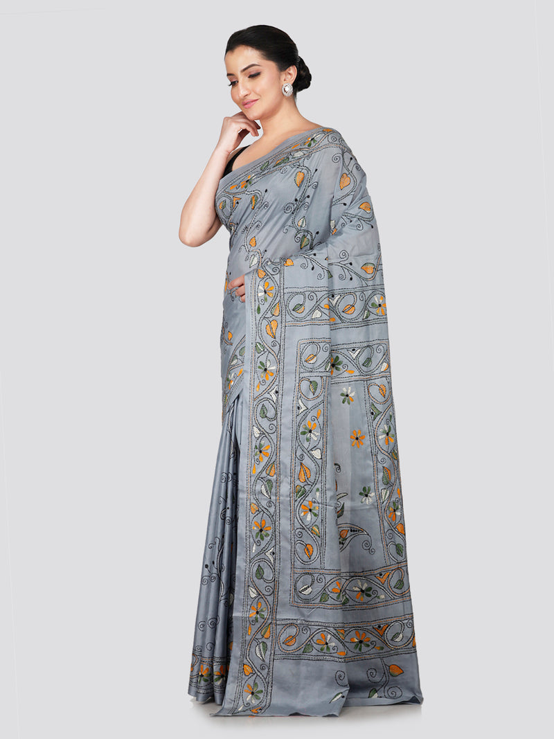 PinkLoom Women's Grey Embroidered Kantha Work Silk Saree