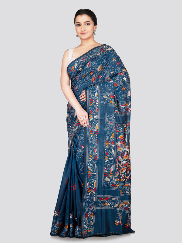 PinkLoom Women's Blue Embroidered Kantha Work Silk Saree