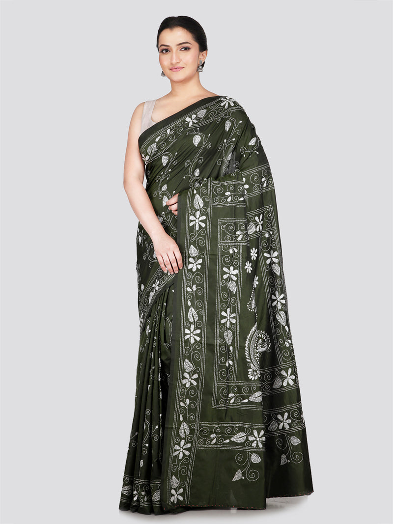 PinkLoom Women's Green Embroidered Kantha Work Silk Saree