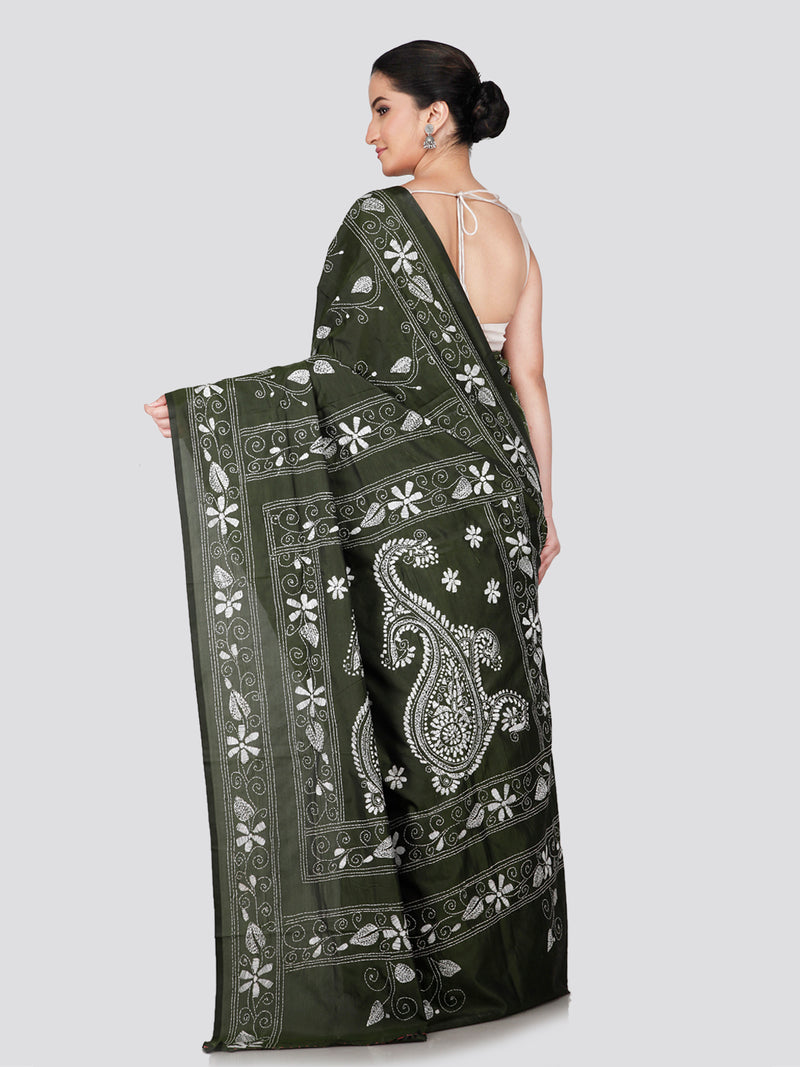 PinkLoom Women's Green Embroidered Kantha Work Silk Saree