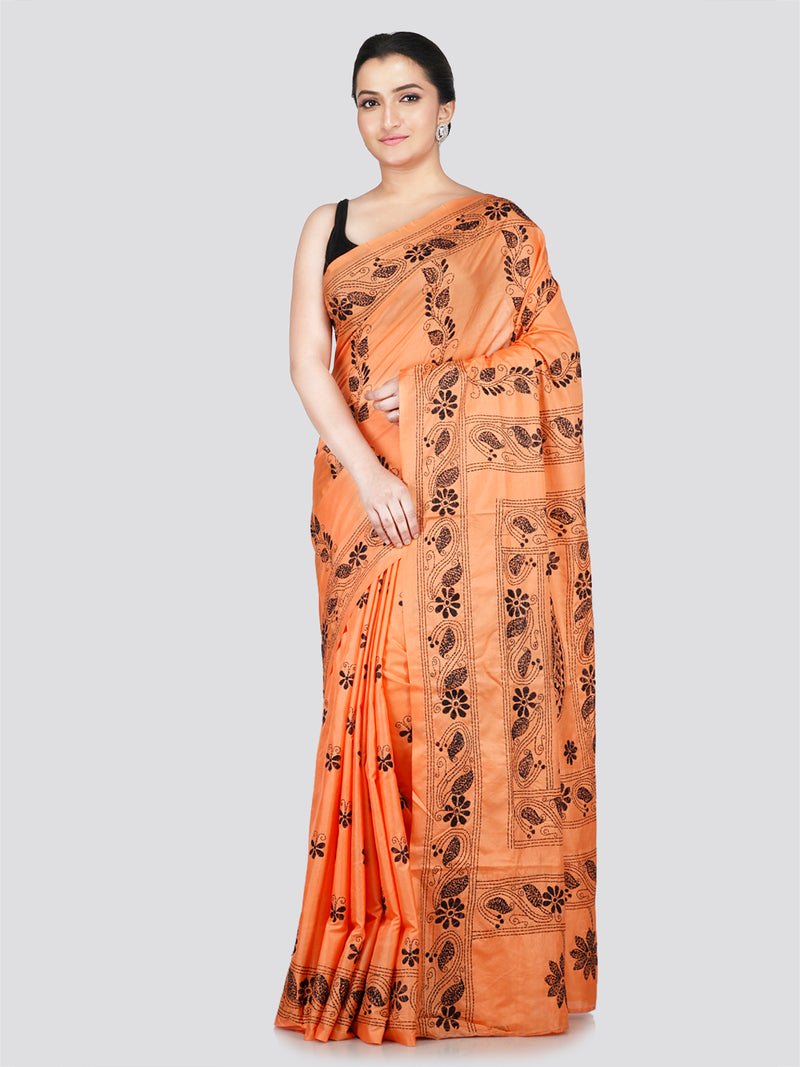 PinkLoom Women's Peach Embroidered Kantha Work Silk Saree