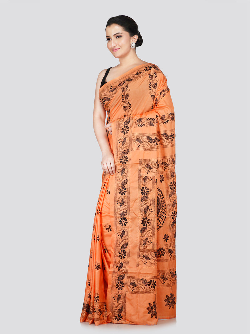 PinkLoom Women's Peach Embroidered Kantha Work Silk Saree