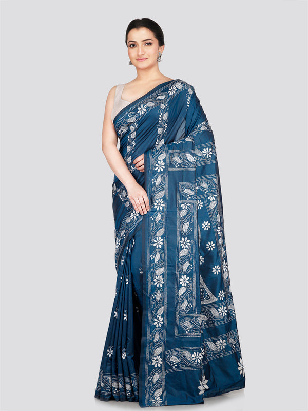 PinkLoom Women's Blue Embroidered Kantha Work Silk Saree