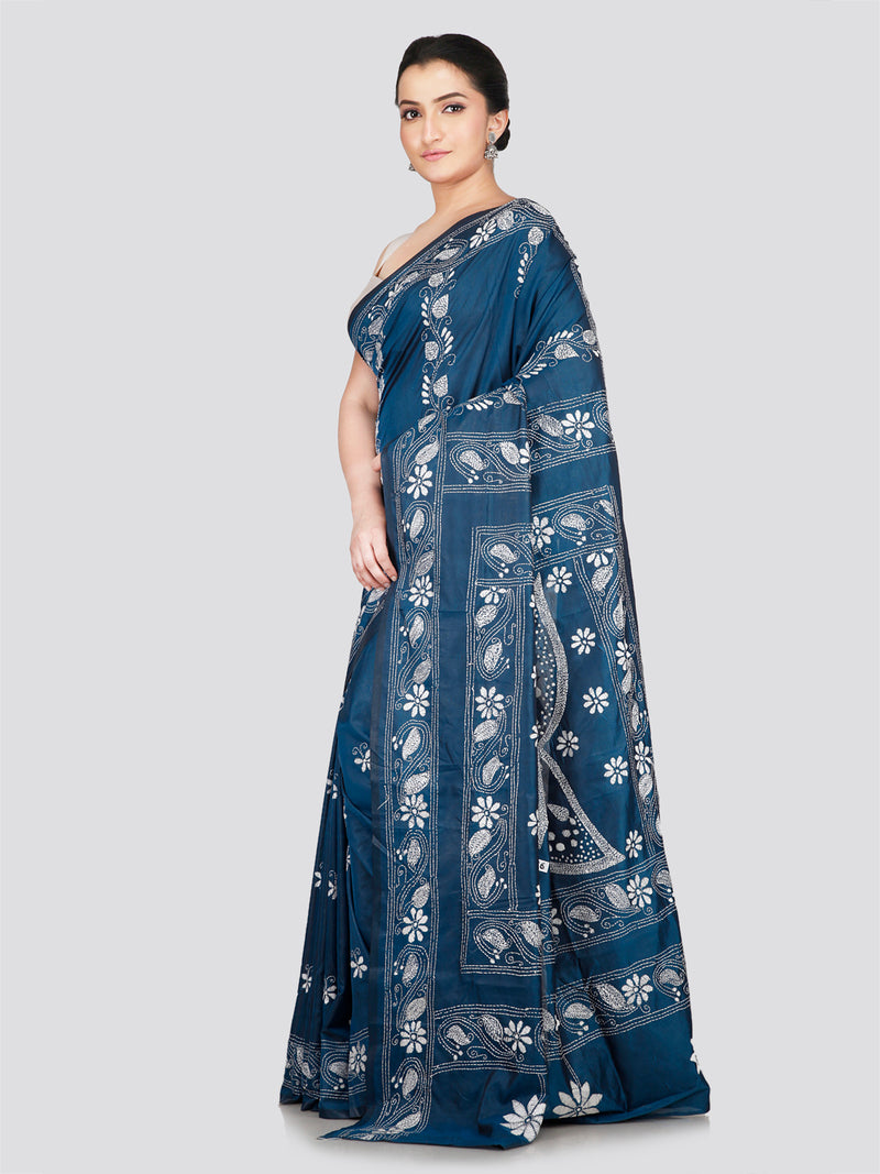 PinkLoom Women's Blue Embroidered Kantha Work Silk Saree