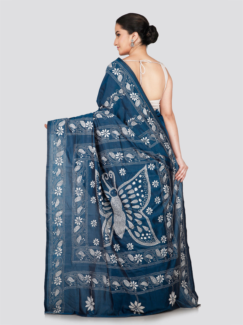 PinkLoom Women's Blue Embroidered Kantha Work Silk Saree