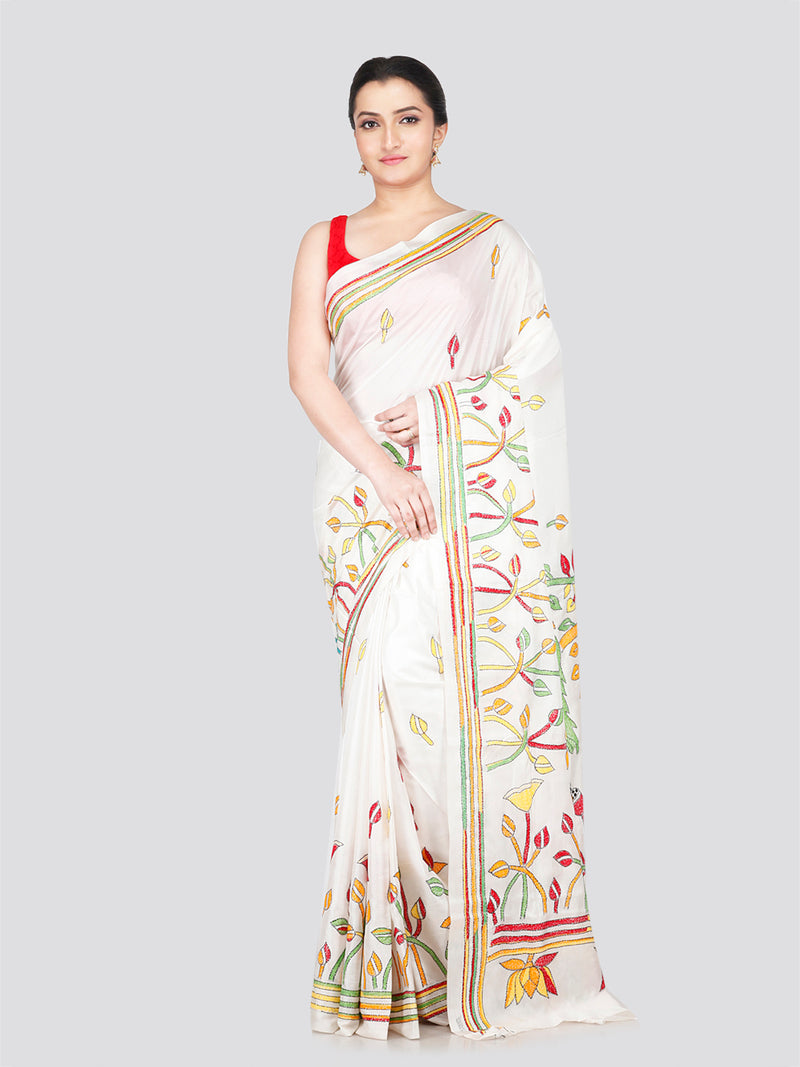 PinkLoom Women's White Embroidered Kantha Work Silk Saree