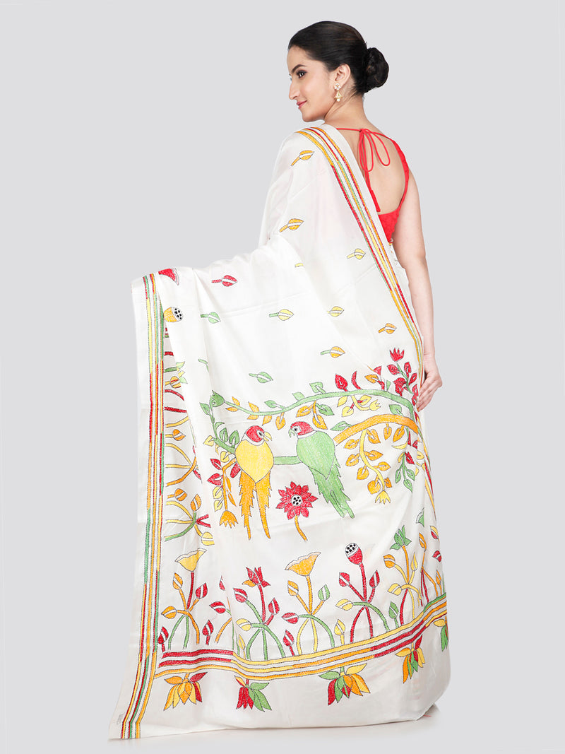 PinkLoom Women's White Embroidered Kantha Work Silk Saree