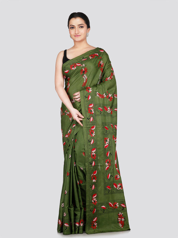 PinkLoom Women's Green Embroidered Kantha Work Silk Saree