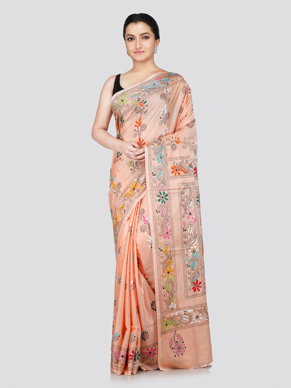 PinkLoom Women's Peach Embroidered Kantha Work Silk Saree