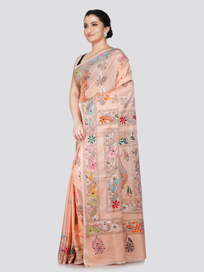 PinkLoom Women's Peach Embroidered Kantha Work Silk Saree