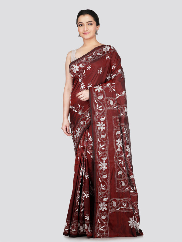 PinkLoom Women's Maroon Embroidered Kantha Work Silk Saree