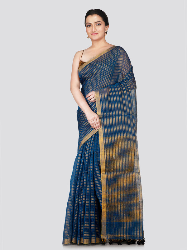 PinkLoom Women's Blue Linen Saree