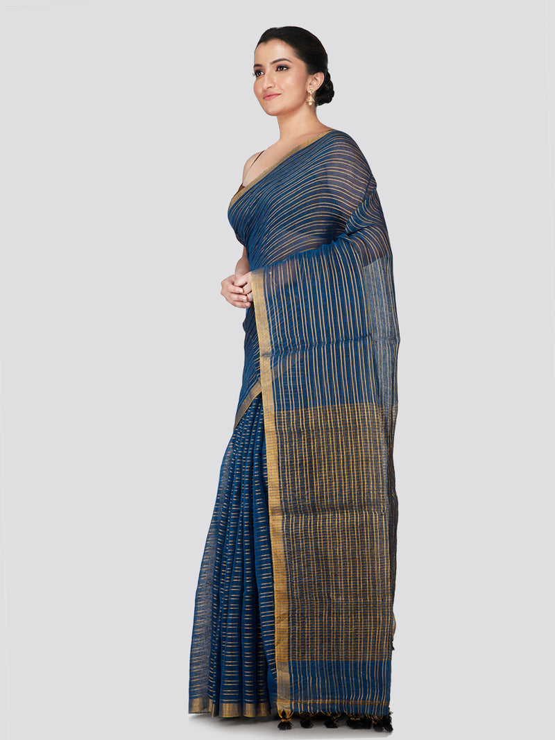 PinkLoom Women's Blue Linen Saree