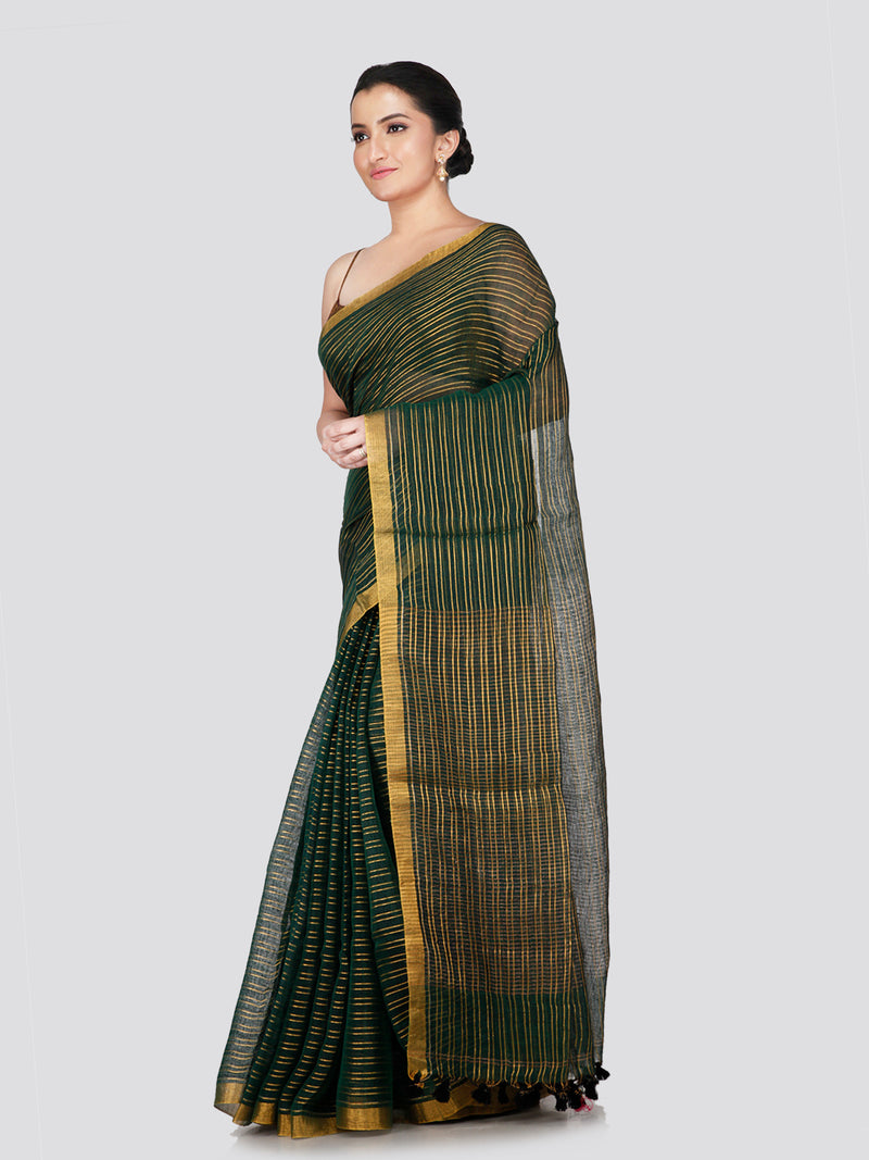 PinkLoom Women's Green Linen Saree