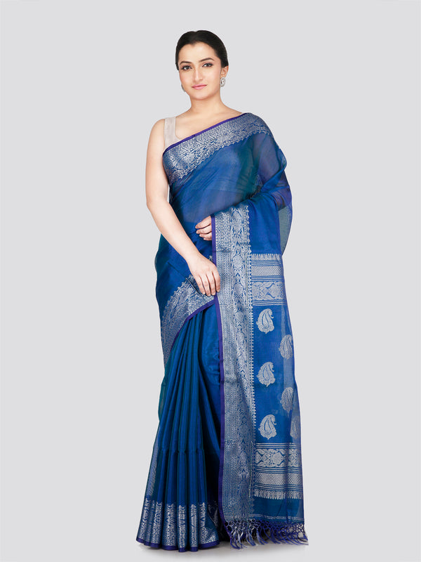 PinkLoom Women's Blue Silk Kanjeevaram Saree