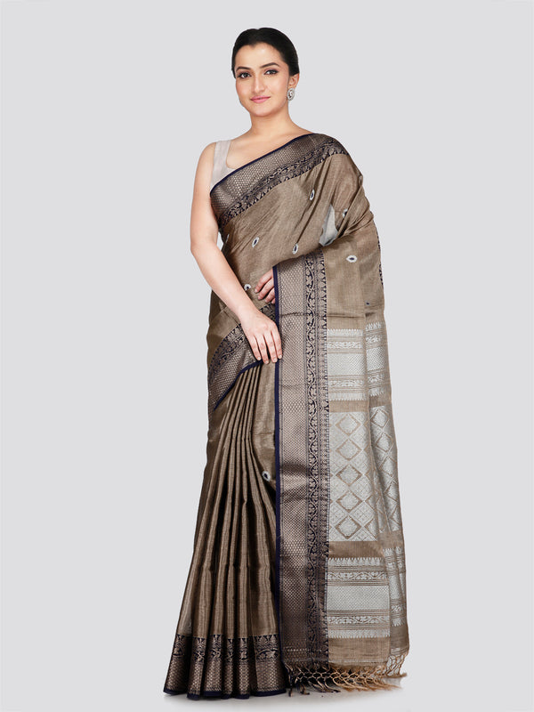 PinkLoom Women's Brown Silk Kanjeevaram Saree