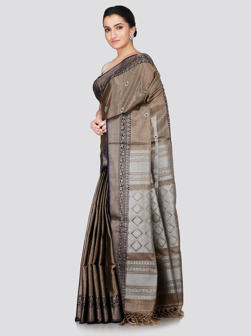 PinkLoom Women's Brown Silk Kanjeevaram Saree