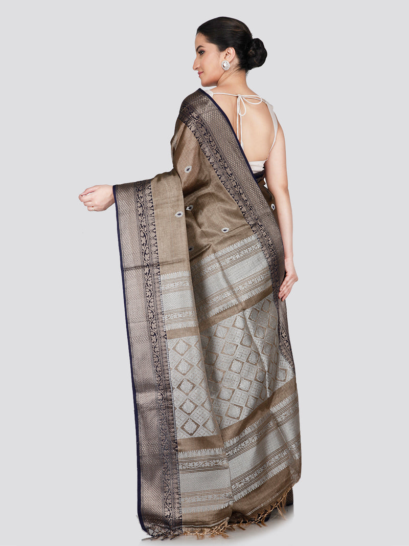 PinkLoom Women's Brown Silk Kanjeevaram Saree