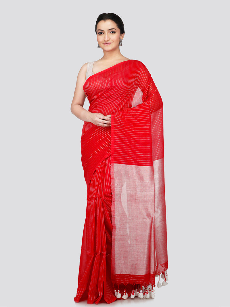 PinkLoom Women's Red Cotton Saree