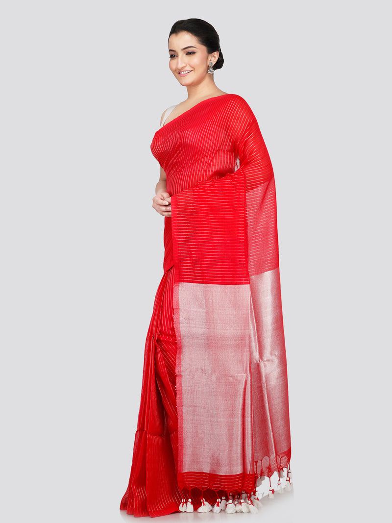 PinkLoom Women's Red Cotton Saree