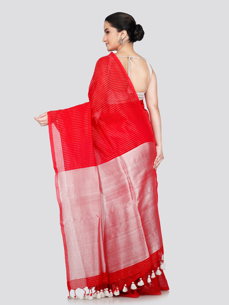 PinkLoom Women's Red Cotton Saree