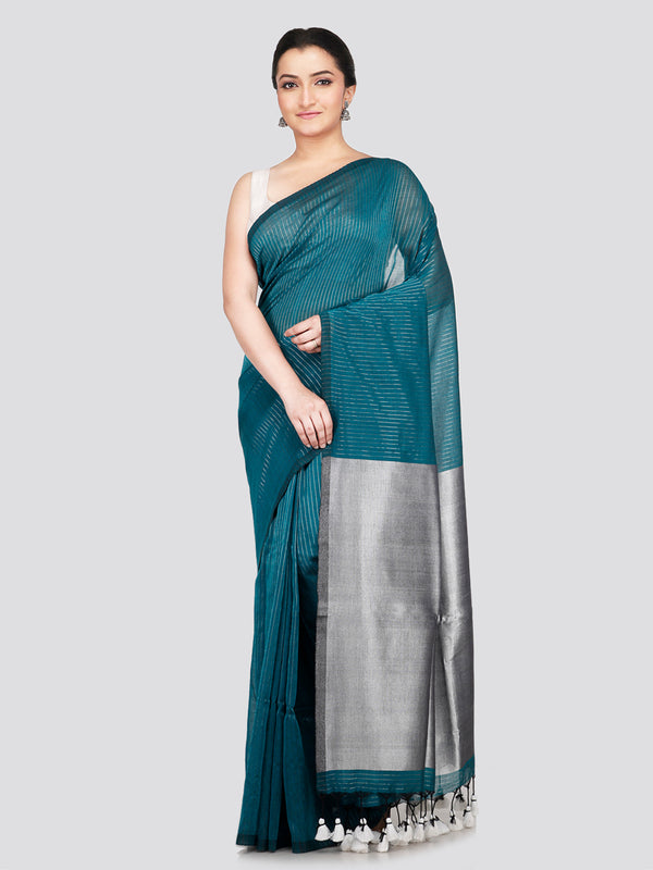 PinkLoom Women's Turquoise Blue Cotton Saree