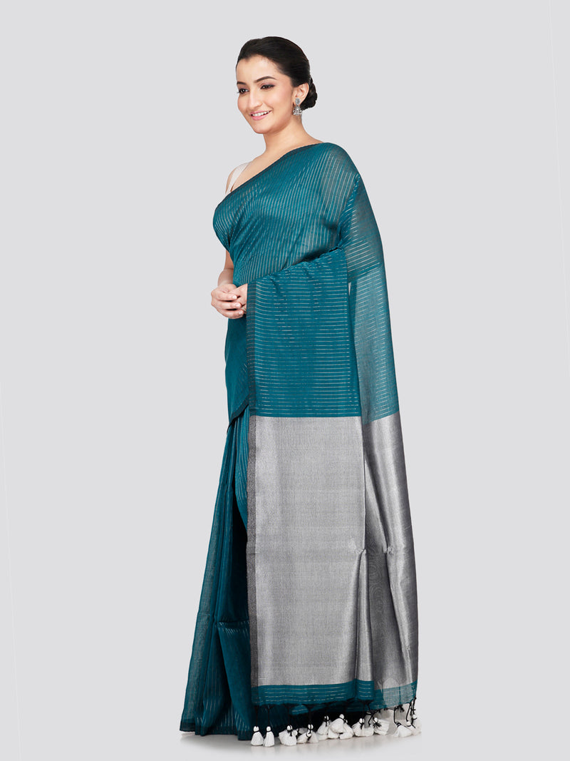 PinkLoom Women's Turquoise Blue Cotton Saree