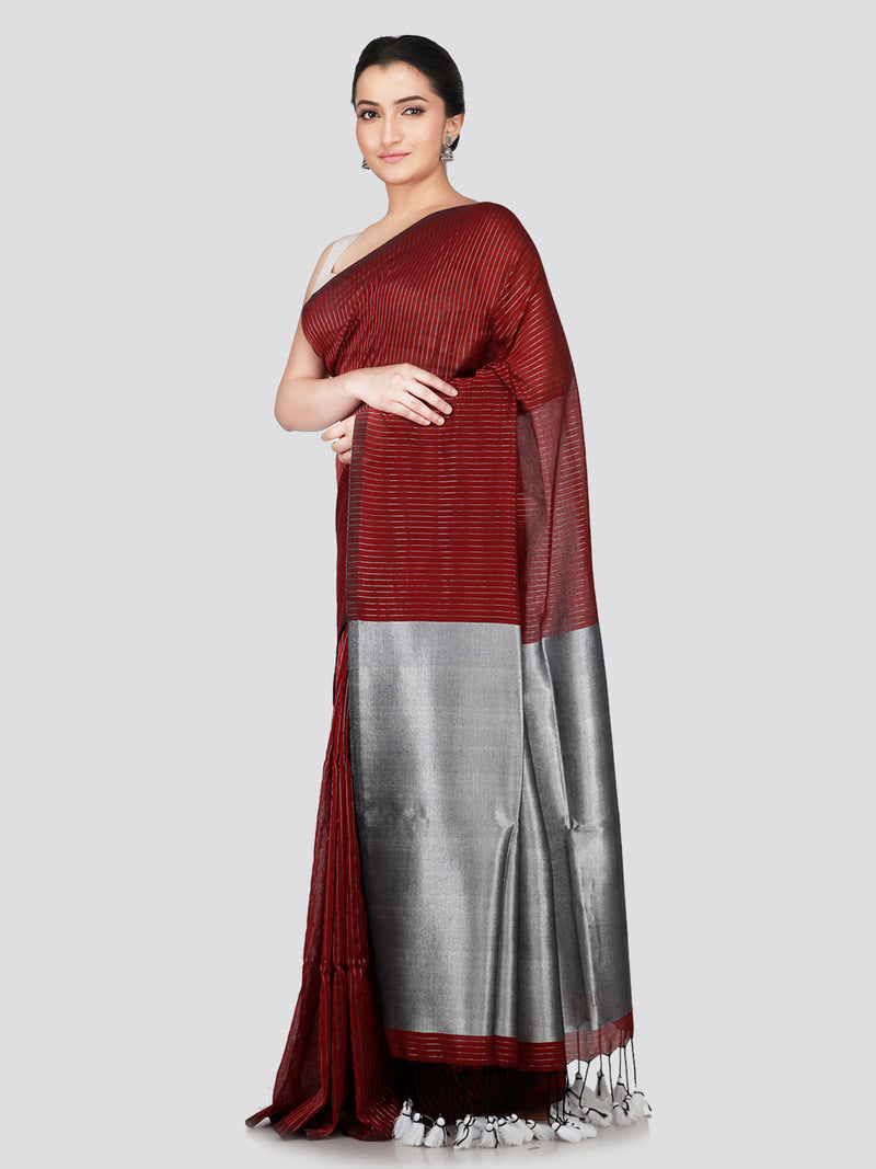 PinkLoom Women's Maroon Cotton Saree