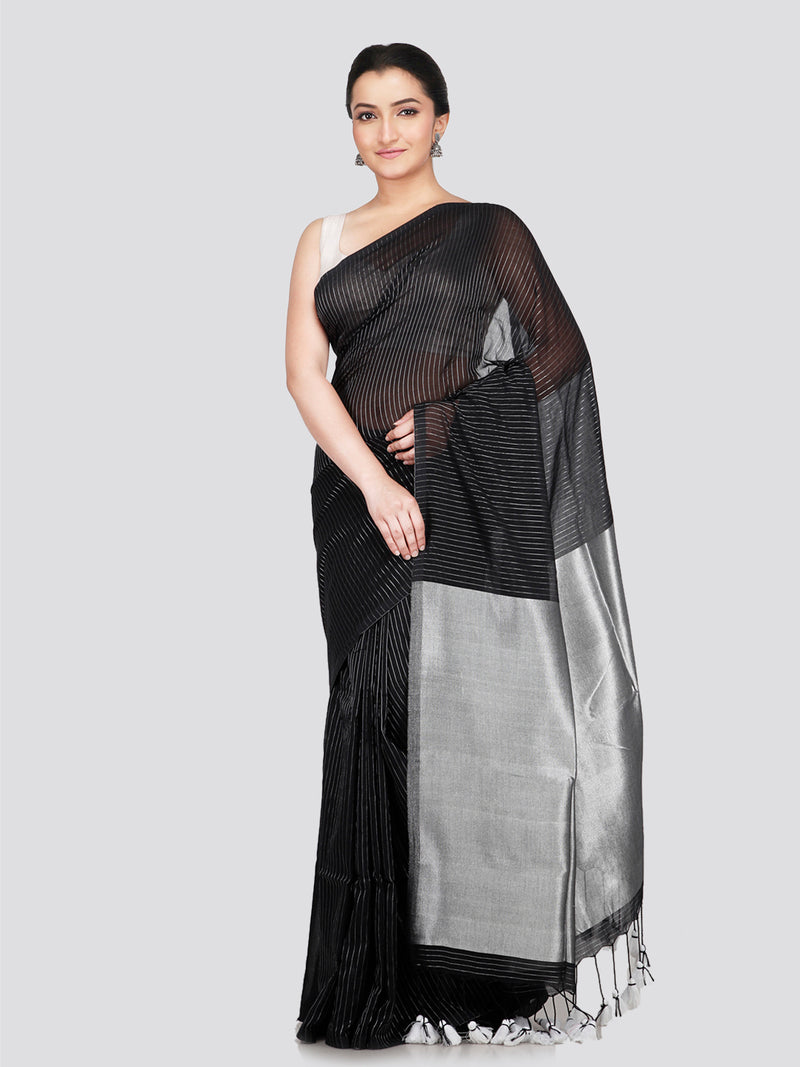 PinkLoom Women's Black Cotton Saree