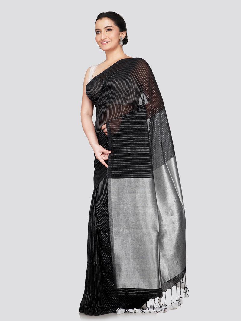 PinkLoom Women's Black Cotton Saree